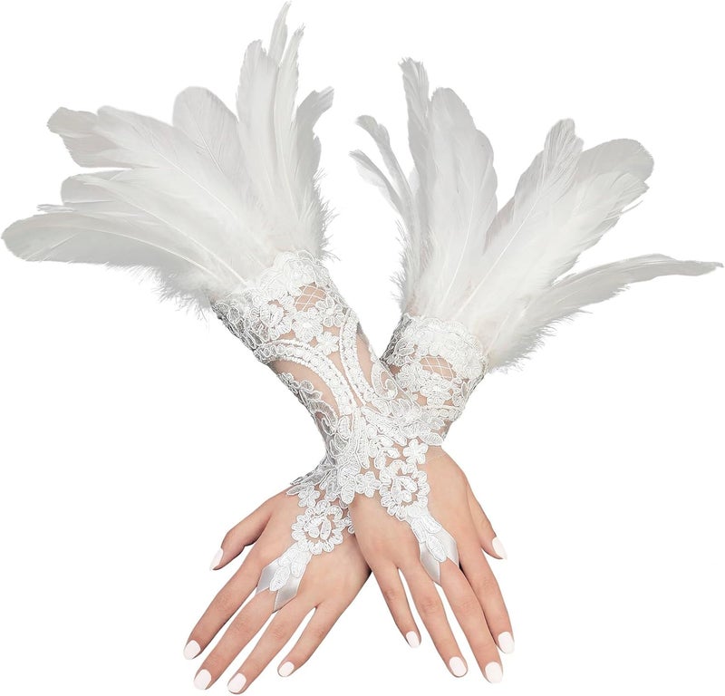 UQJE 2PCS Women's Lace Feather Long Gloves Gothic Mesh Cuff Wedding Halloween Party - Image 1